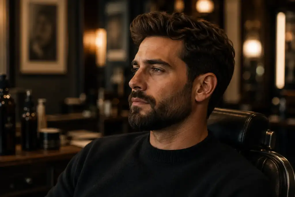 Barba natural estructurada: la tendencia masculina de 2026 Hombre con barba natural estructurada y cabello con textura en una barbería premium de estilo contemporáneo.
