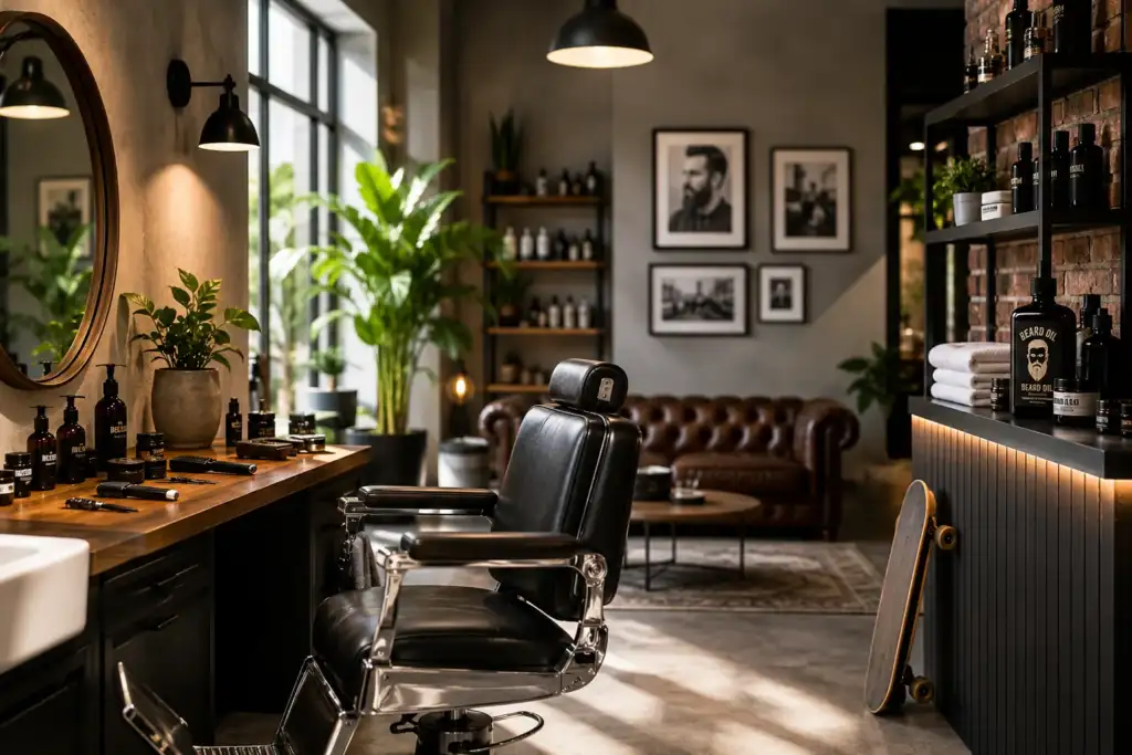 Barbería conceptual lifestyle: diseño, bienestar y experiencia premium Interior de una barbería conceptual con sillón clásico, productos de grooming, decoración contemporánea y zona lounge diseñada para ofrecer una experiencia lifestyle.