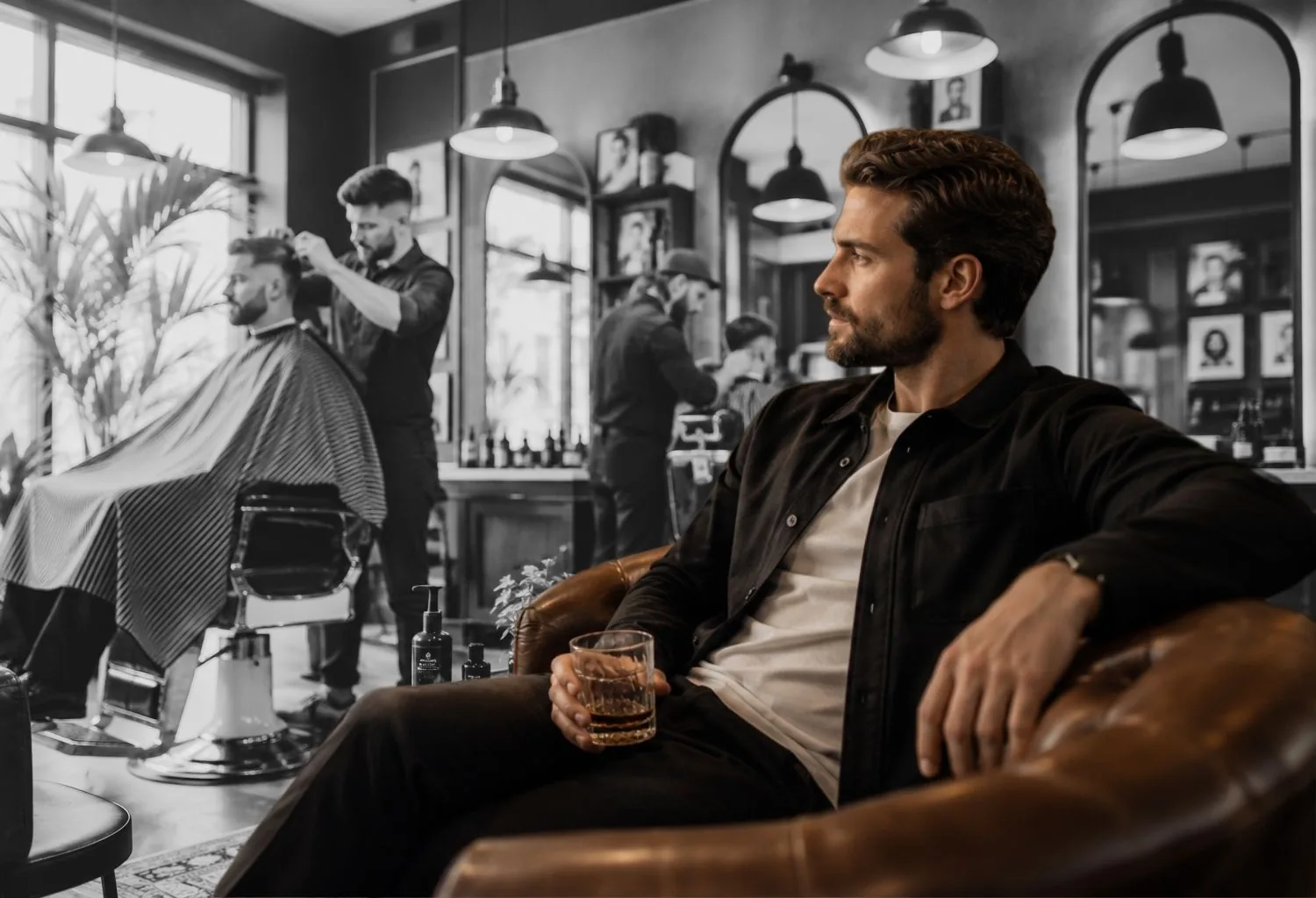 Interior de una barbería conceptual lifestyle en Valencia con cliente relajándose en una zona lounge mientras varios barberos trabajan en un ambiente premium.
