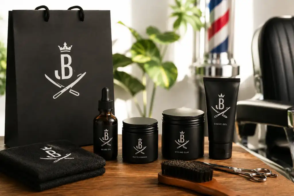 Productos de marca propia para barbería profesional Línea de productos de marca propia para barbería con envases personalizados, bolsa de compra y accesorios profesionales en un salón moderno.