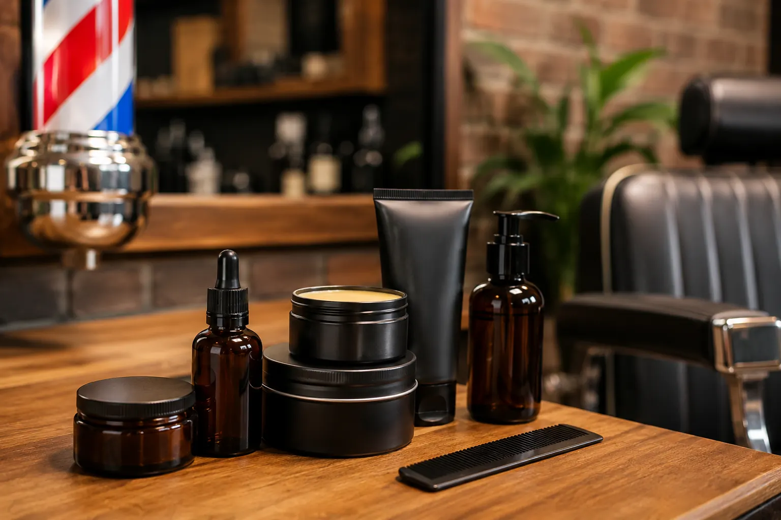 Productos de marca propia para barbería con envases personalizados sobre una mesa de trabajo en un salón profesional.