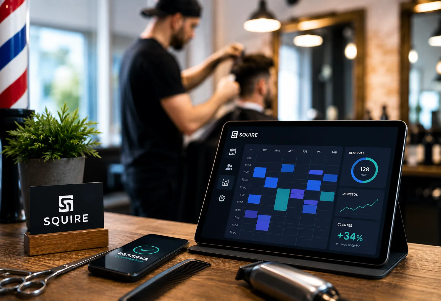 Barbero atendiendo a un cliente mientras una tablet muestra un software de gestión de barbería con agenda digital, reservas e indicadores de negocio.