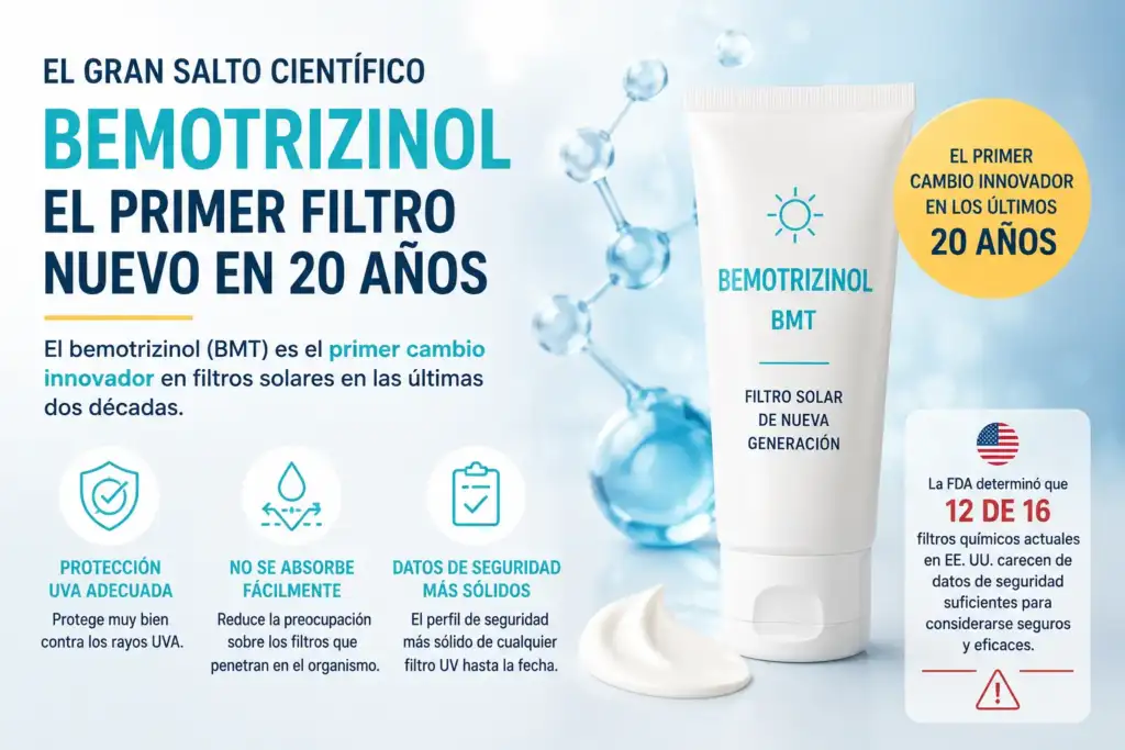 Bemotrizinol: el primer filtro solar innovador en 20 años Imagen informativa sobre el bemotrizinol (BMT), el primer filtro solar de nueva generación incorporado tras dos décadas de innovación en fotoprotección.