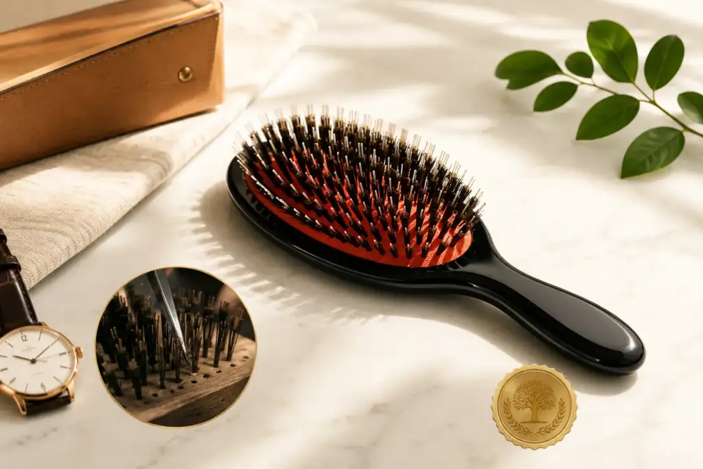 Cepillo premium para el cabello fabricado con materiales de alta calidad sobre una superficie de mármol, representando la durabilidad y la artesanía en el cuidado capilar.