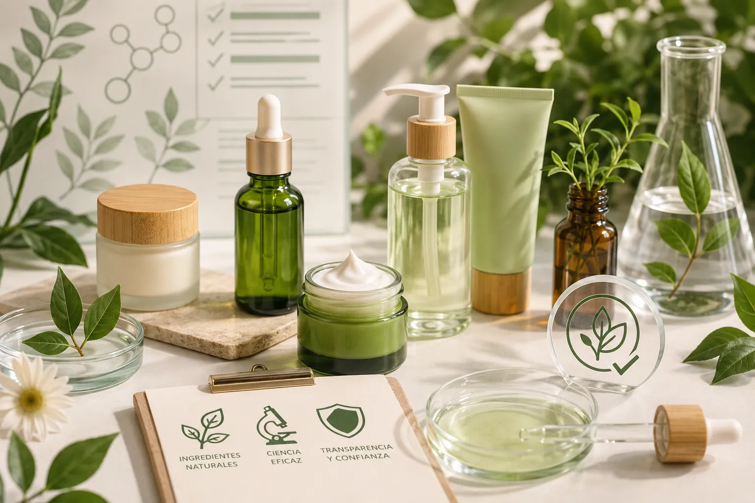 Productos cosméticos clean beauty con ingredientes naturales, material de laboratorio y elementos que representan la transparencia, la trazabilidad y la innovación en formulación.