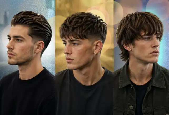 Comparativa de tres cortes de pelo masculinos en tendencia para 2026: Slicked Back moderno, Textured Crop con degradado y corte Shag con textura y movimiento.
