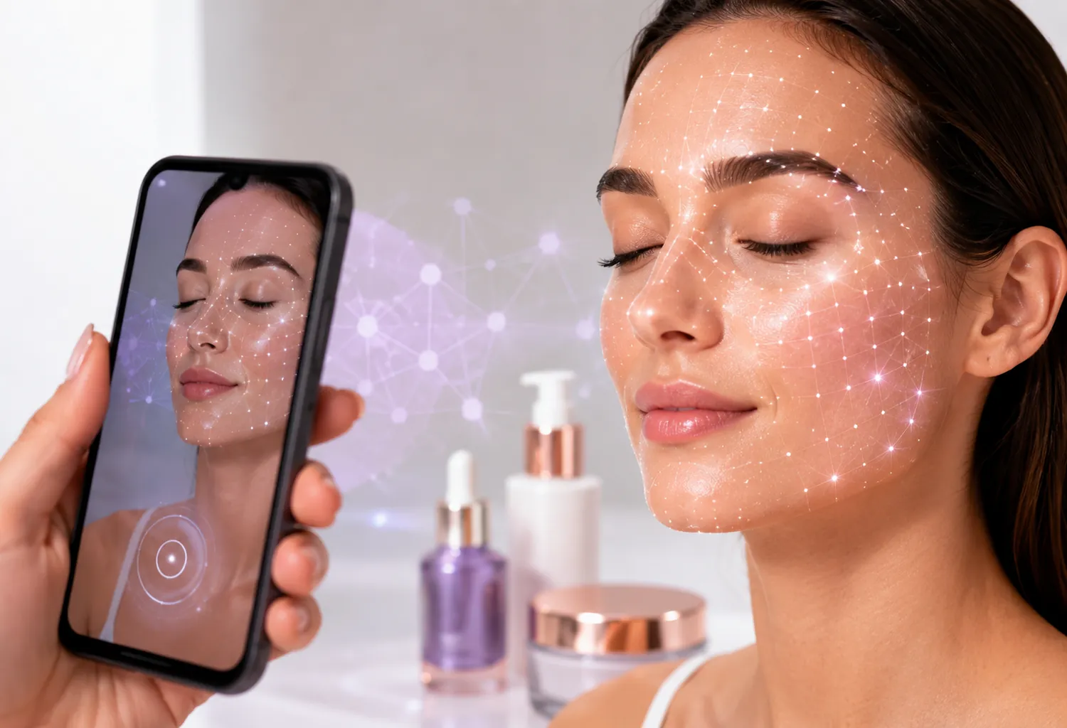 Mujer realizando un diagnóstico facial mediante inteligencia artificial desde un smartphone para obtener una rutina de cosmética personalizada.