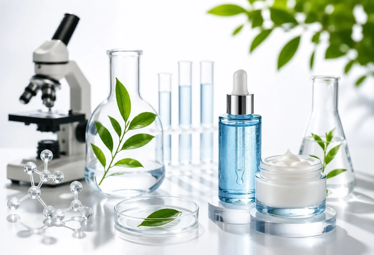 Productos cosméticos junto a material de laboratorio y elementos botánicos que representan la cosmética con respaldo científico.