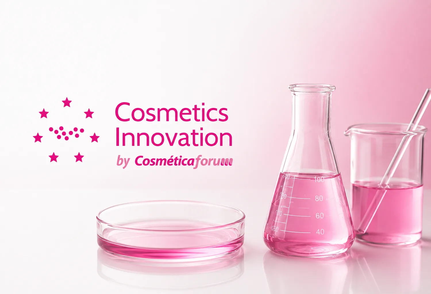 Imagen representativa del congreso Cosmetics Innovation by Cosméticaforum con material de laboratorio e identidad visual del evento sobre fondo claro.