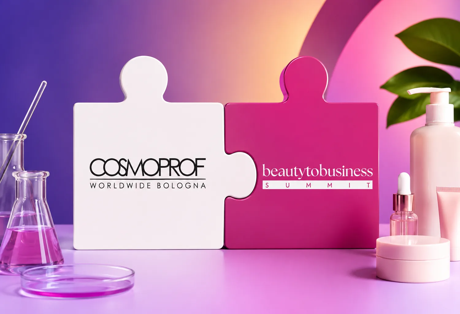 Representación visual de la alianza entre Cosmoprof Worldwide Bologna y Beauty to Business Summit mediante dos piezas de puzle unidas junto a elementos de laboratorio y cosmética.