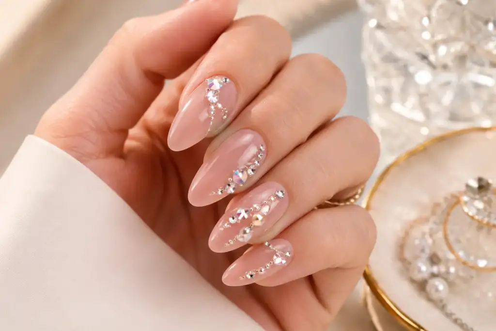 Crystal Nails: manicura con cristales y efecto joya Primer plano de una manicura Crystal Nails con base nude translúcida y cristales decorativos colocados de forma elegante sobre uñas almendradas.