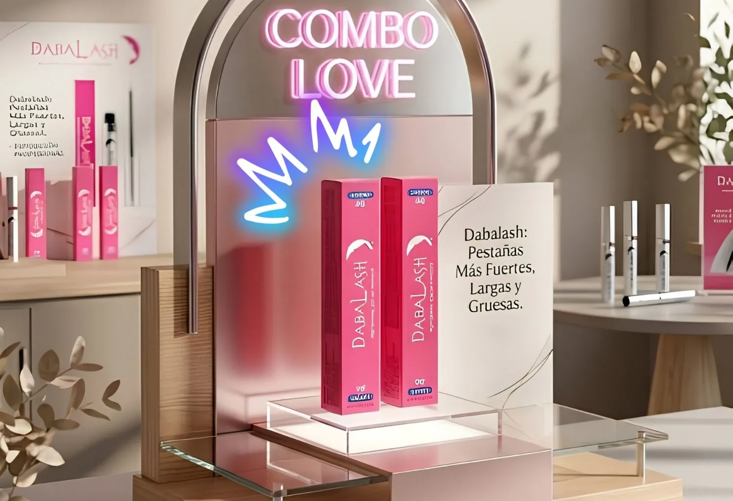 Expositor promocional de DABALASH con sérums para pestañas y cejas en un establecimiento especializado durante su lanzamiento en España.