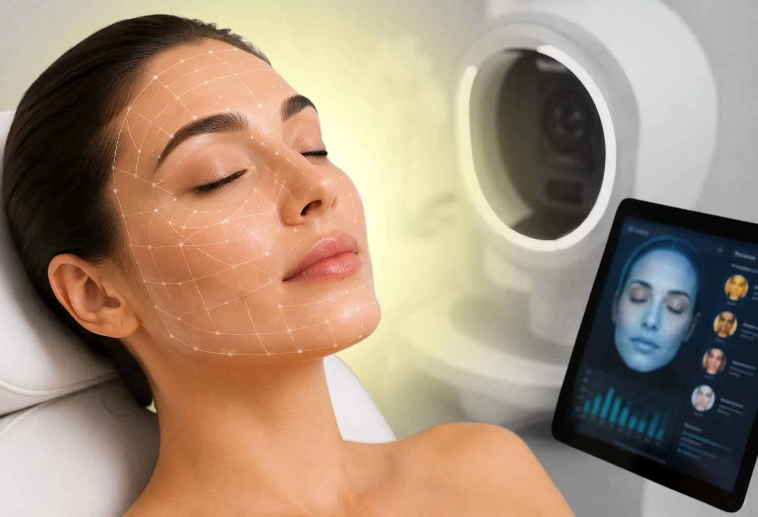Mujer sometiéndose a un diagnóstico facial con inteligencia artificial mediante tecnología de análisis de la piel en una clínica de medicina estética.