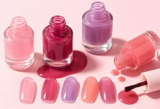 Esmaltes translúcidos glossy en diferentes tonos jelly junto a muestras de color con acabado brillante para manicura.