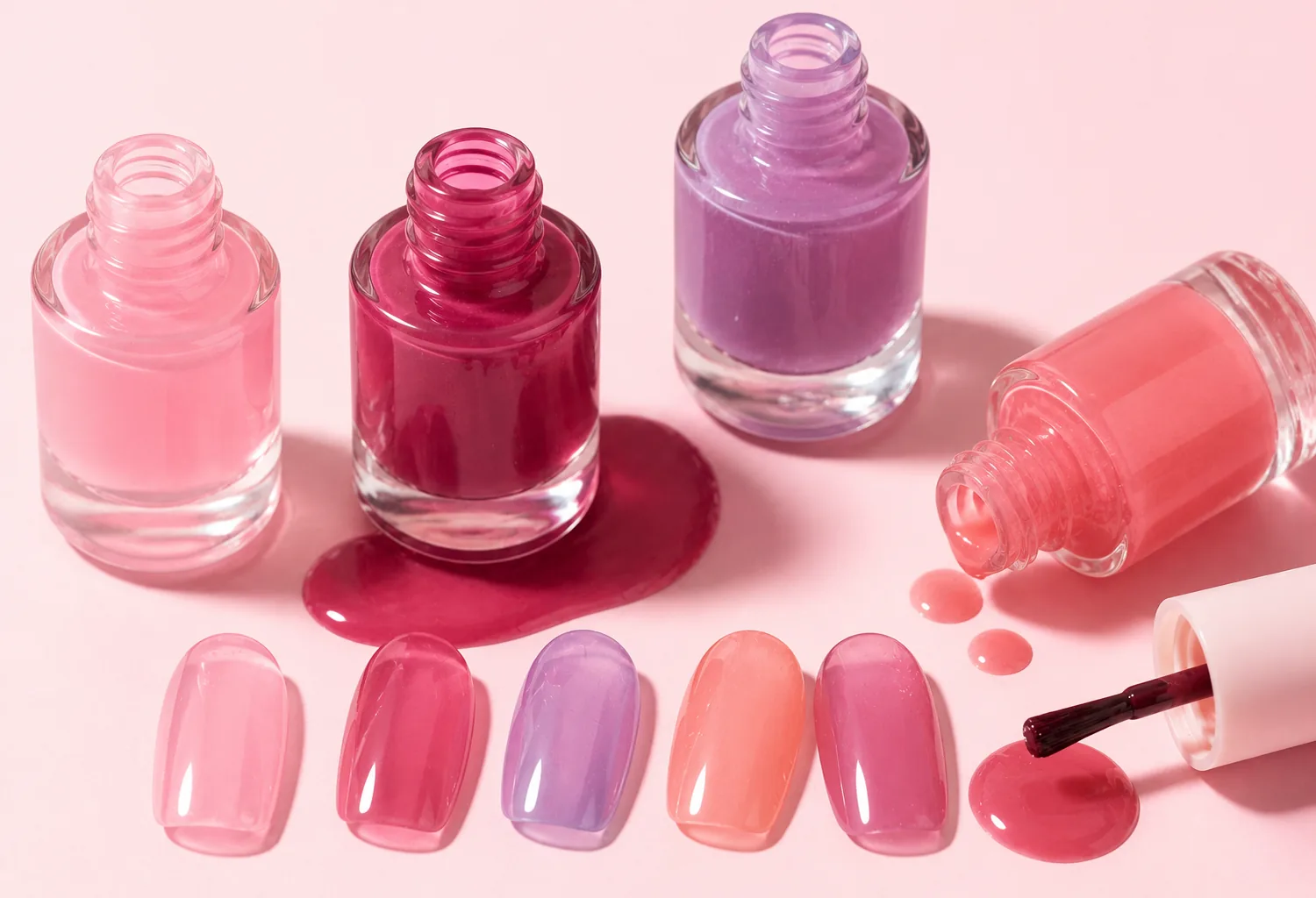 Esmaltes translúcidos glossy en diferentes tonos jelly junto a muestras de color con acabado brillante para manicura.