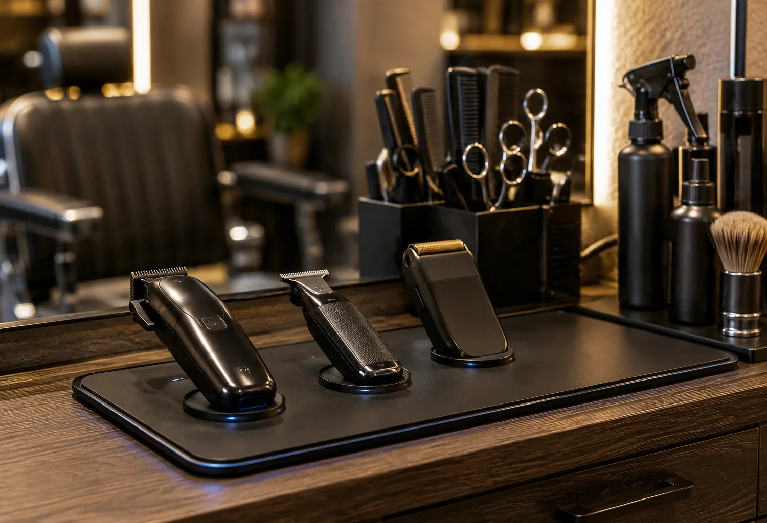 Puesto de barbería moderno con máquinas de corte inalámbricas cargándose sobre una base de inducción integrada en el tocador.