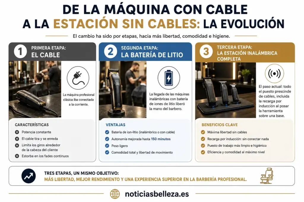 De la máquina con cable a la estación inalámbrica en barbería Evolución de las máquinas de barbería desde el cable hasta las estaciones inalámbricas con carga por inducción.