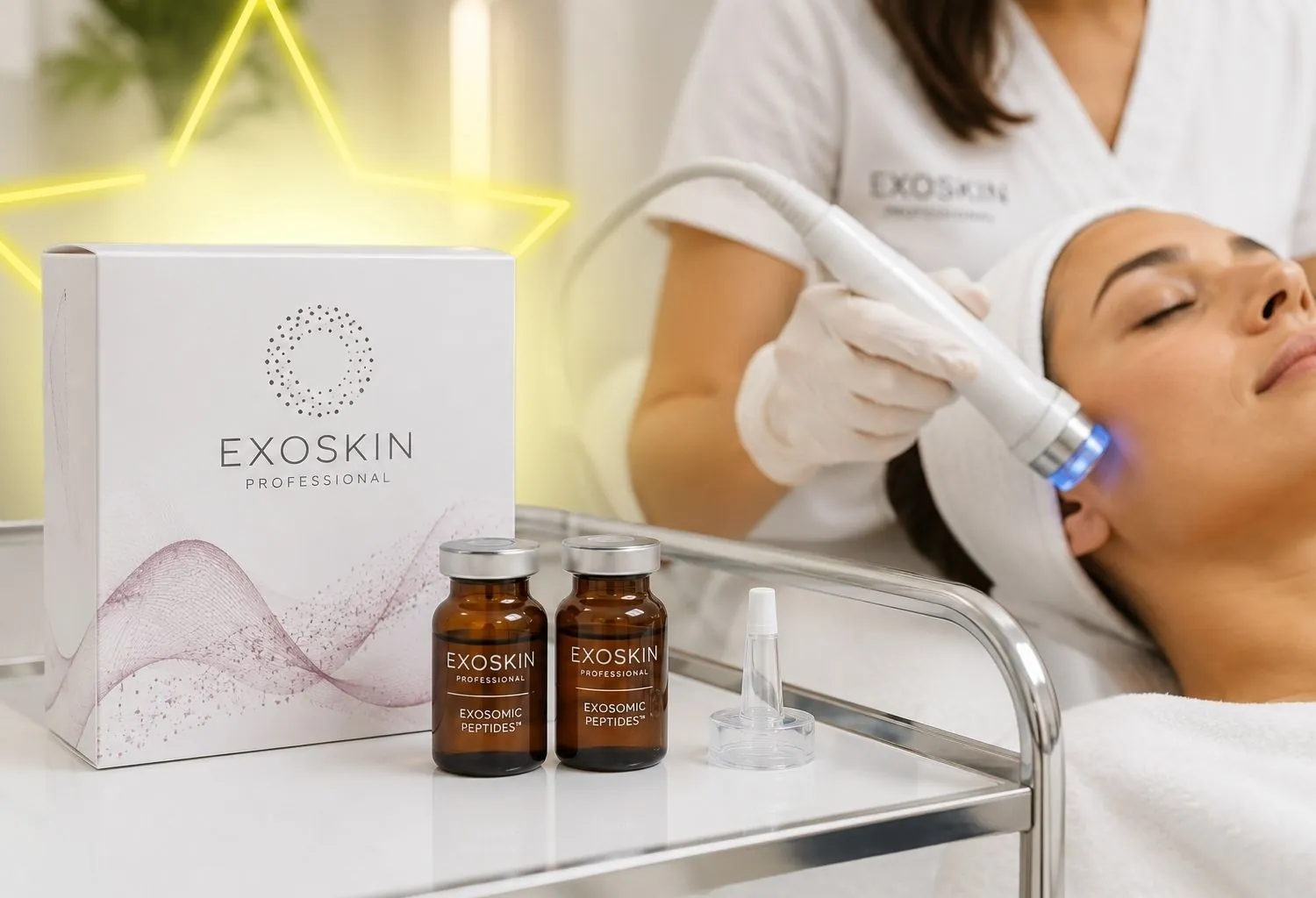 Tratamiento facial profesional con Exoskin Professional y aplicación de aparatología estética sobre el rostro de una paciente.
