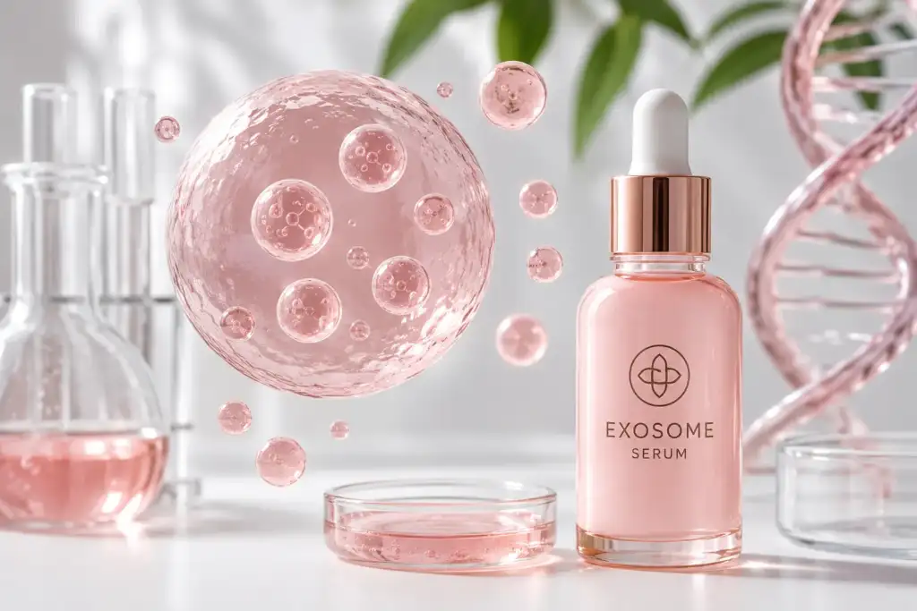 Exosomas en cosmética coreana: biotecnología para la regeneración de la piel Ilustración de un sérum con exosomas inspirado en la cosmética coreana, acompañado de elementos científicos que representan la regeneración celular y la biotecnología aplicada al cuidado de la piel.