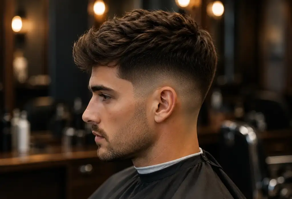 Fade natural masculino: la técnica invisible que triunfa en barbería en 2026 Perfil de un hombre con corte fade natural de transición suave y acabado elegante en una barbería de estilo premium.