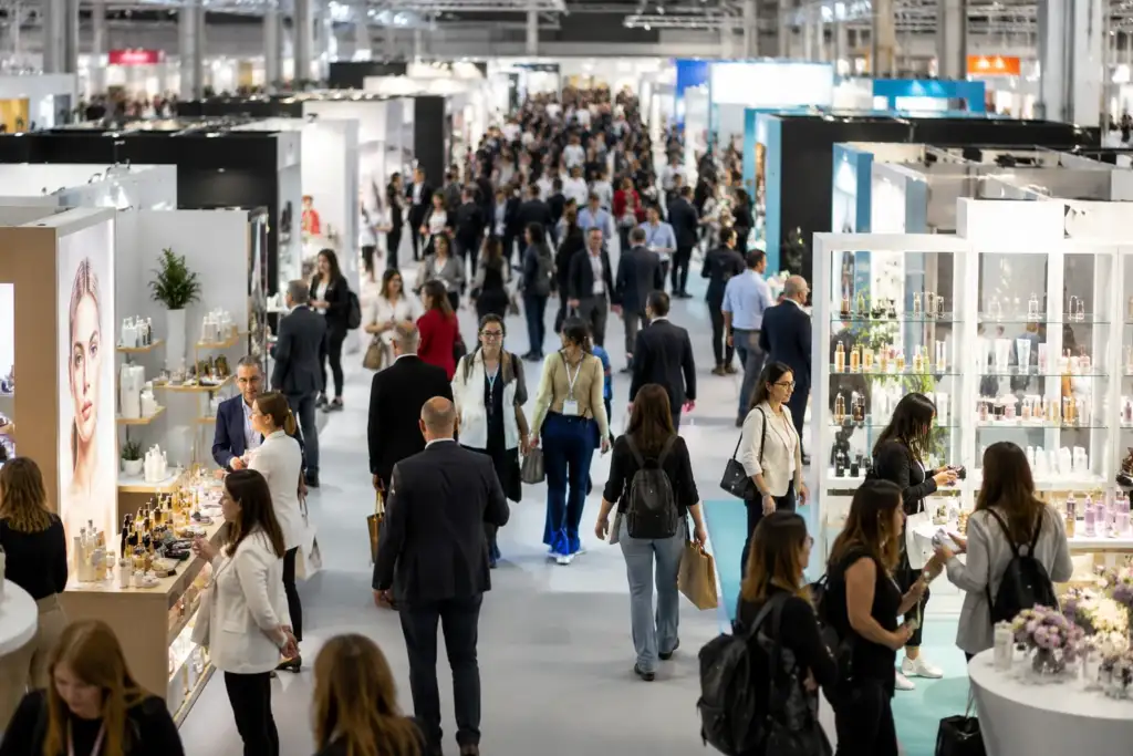 Visitantes recorriendo una feria internacional de cosmética profesional con expositores de belleza, cuidado de la piel y perfumería.