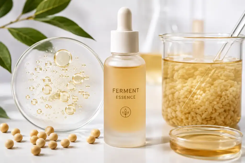 Esencia fermentada para el cuidado del microbioma cutáneo Sérum Ferment Essence rodeado de elementos de laboratorio y fermentos naturales que representan la tecnología de fermentación aplicada a la cosmética coreana para fortalecer el microbioma de la piel.