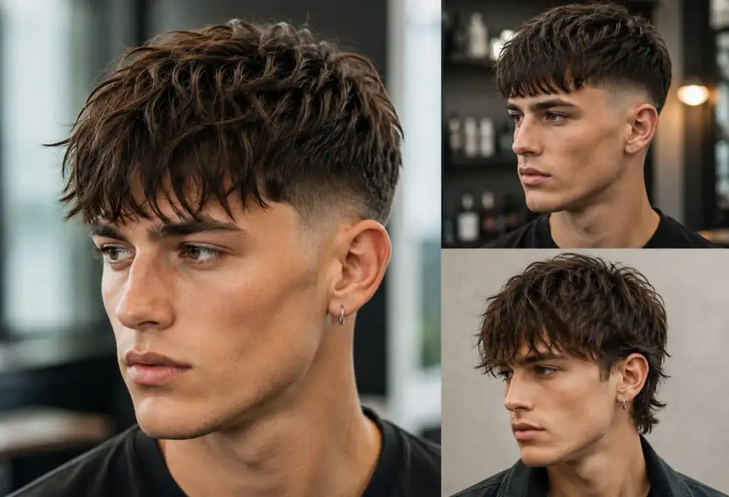 Flequillos texturizados para hombre: la tendencia de barbería que triunfa en 2026 Comparativa de cortes de pelo masculinos con flequillo texturizado, incluyendo estilos Textured Crop, French Crop y Messy Fringe con acabado natural y degradados suaves.