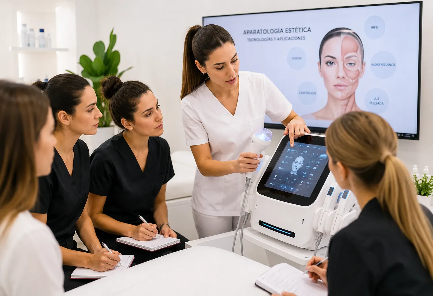 Instructora impartiendo una formación práctica sobre aparatología estética avanzada a varias profesionales utilizando un equipo facial de última generación.