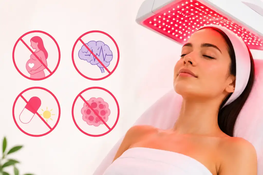 Contraindicaciones de la fotobiomodulación LED: cuándo no utilizar este tratamiento Mujer recibiendo un tratamiento de fotobiomodulación con luz LED roja junto a iconos que representan las principales contraindicaciones: embarazo, epilepsia, medicamentos fotosensibilizantes y tumores cutáneos activos.