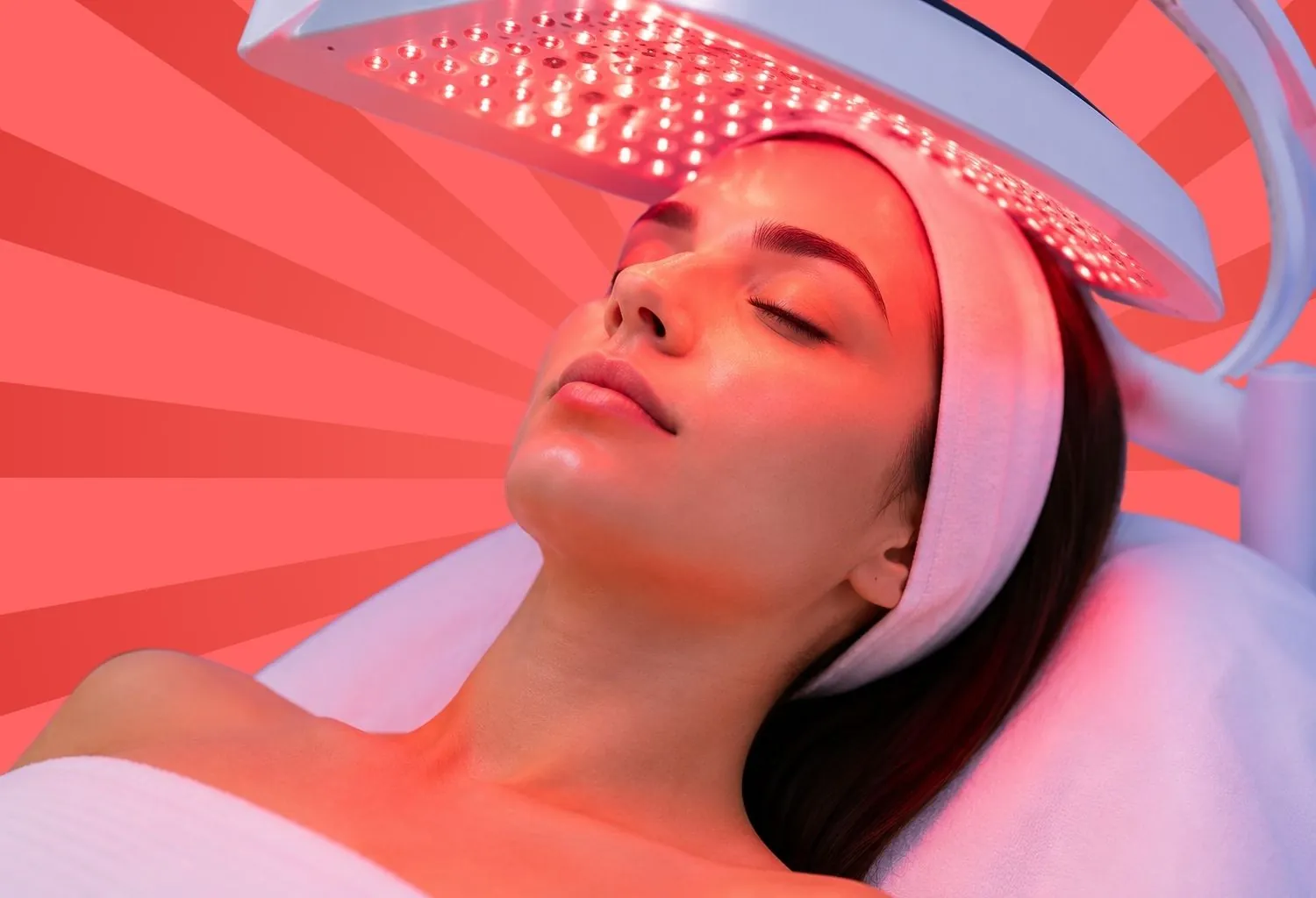 Mujer recibiendo un tratamiento de fotobiomodulación con luz LED roja en una cabina de estética para favorecer la regeneración de la piel y la producción de colágeno.