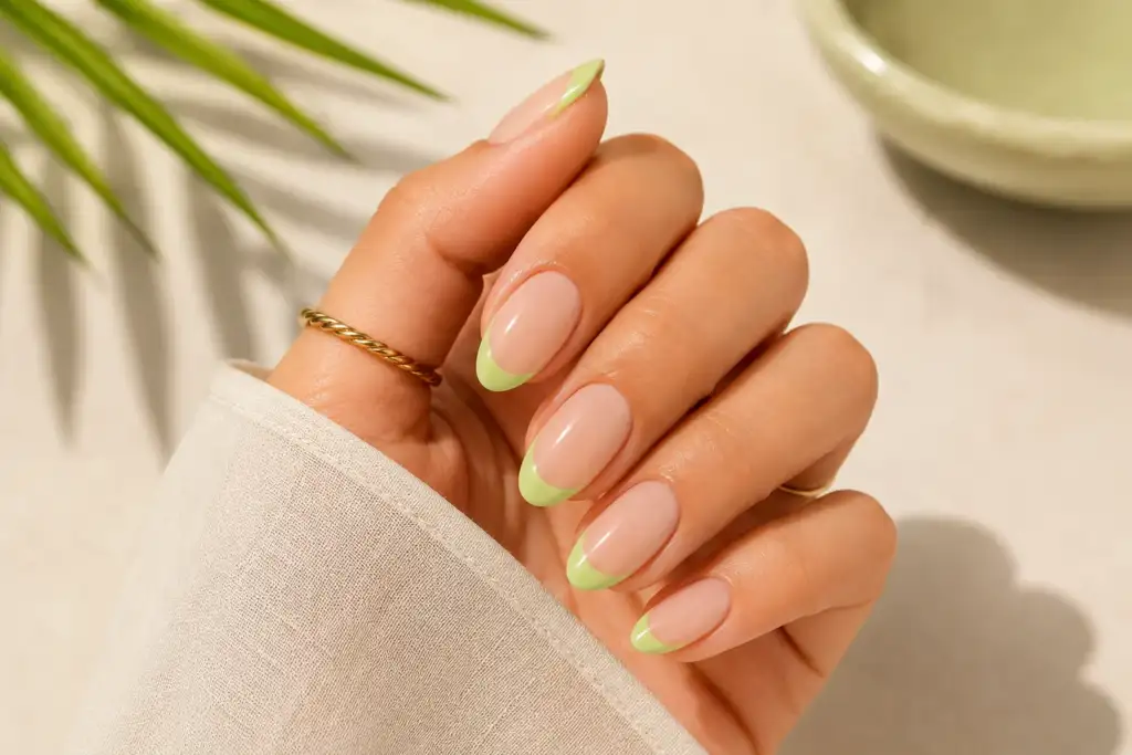 French pistacho: manicura francesa verde pistacho verano 2026 Manicura francesa con puntas verde pistacho sobre base nude brillante, una de las tendencias de uñas más elegantes para el verano 2026.