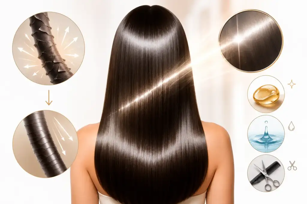 Ilustración del efecto glass hair con un cabello liso y ultrabrillante, mostrando la diferencia entre una cutícula abierta y otra sellada para explicar cómo se produce el brillo espejo.