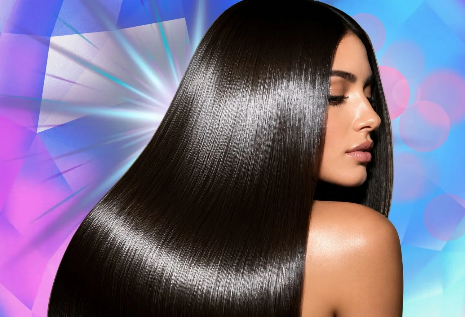 Mujer con cabello extremadamente liso y brillante con efecto espejo, representando la tendencia glass hair
