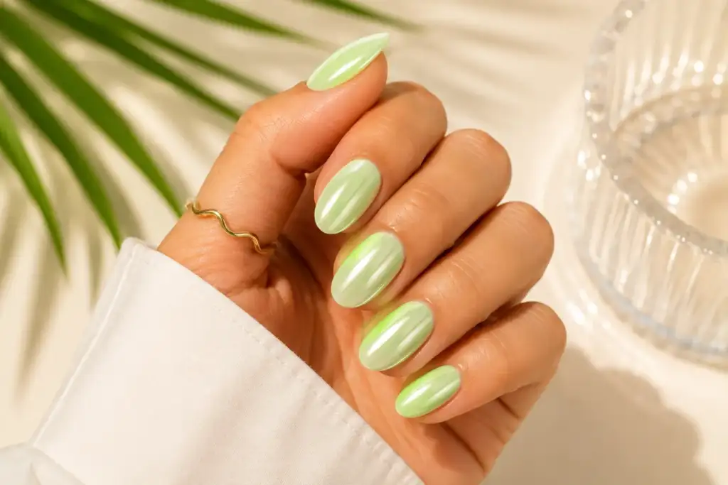 Manicura glazed verde pistacho con efecto espejo verano 2026 Primer plano de una manicura verde pistacho con acabado glazed efecto espejo y brillo perlado, tendencia de uñas verano 2026.