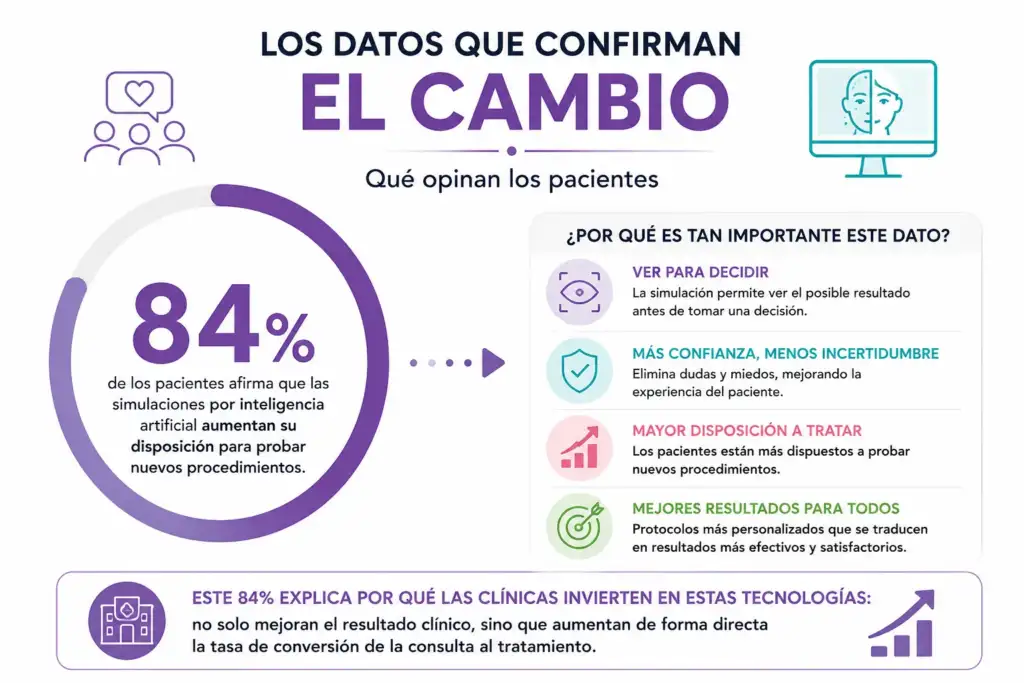 Gráfica sobre la opinión de los pacientes ante el diagnóstico con IA en estética Gráfica que muestra que el 84 % de los pacientes afirma que las simulaciones con inteligencia artificial aumentan su disposición a probar nuevos tratamientos estéticos.