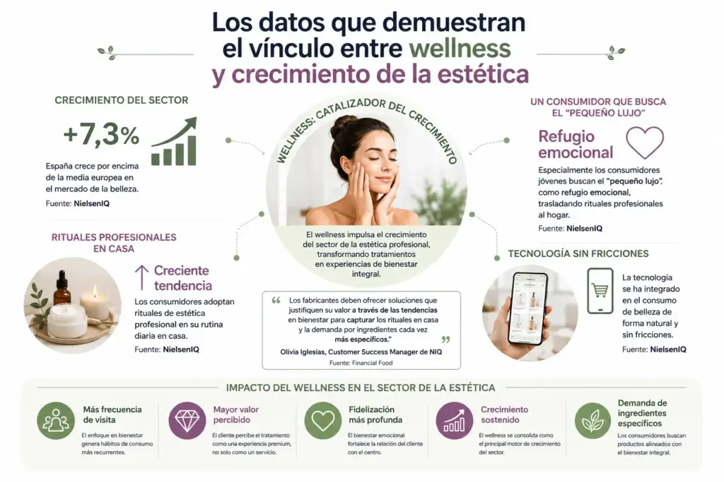 Los datos que demuestran el vínculo entre wellness y crecimiento de la estética Gráfica sobre la relación entre wellness y crecimiento del sector de la estética profesional en España, con datos de NielsenIQ sobre consumo, bienestar y fidelización.
