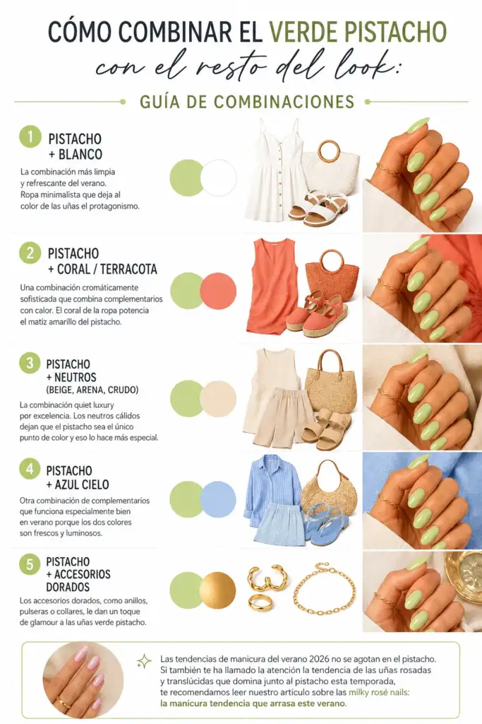 Guía para combinar el verde pistacho con el resto del look Infografía sobre cómo combinar las uñas verde pistacho con ropa blanca, coral, neutros, azul cielo y accesorios dorados durante el verano 2026.