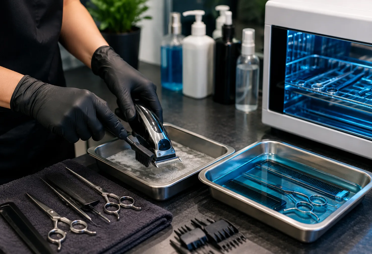 Desinfección de maquinillas, tijeras y peines en una peluquería profesional mediante protocolos de higiene y esterilización.