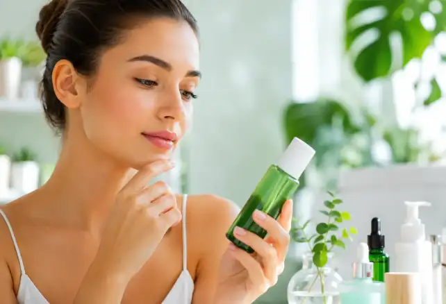 Consumidora revisando la lista de ingredientes de un cosmético antes de comprarlo, representando la creciente importancia de la transparencia y el etiquetado INCI en la industria de la belleza.