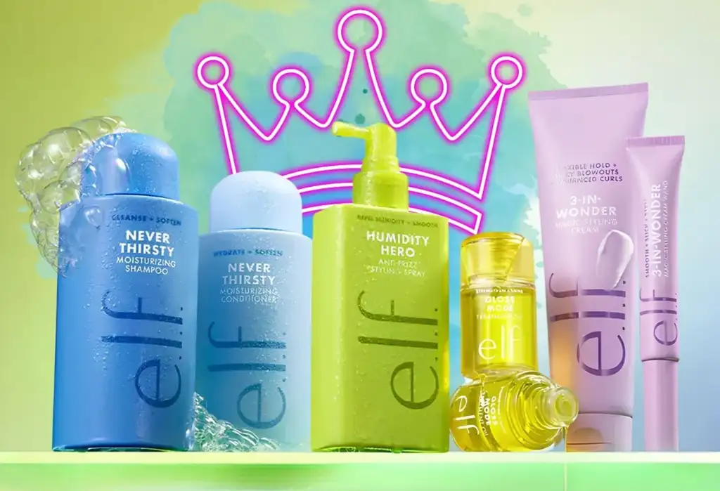 Productos e.l.f. Cosmetics para hidratación y acabado glossy Productos cosméticos e.l.f. Cosmetics con champú, acondicionador, sérum antihumedad y tratamiento glossy sobre fondo colorido.