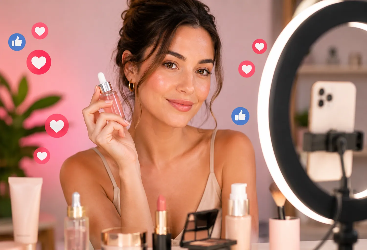 Influencer de belleza mostrando un sérum cosmético ante una cámara con iluminación profesional y elementos de redes sociales, representando el crecimiento del influencer marketing beauty en 2026.