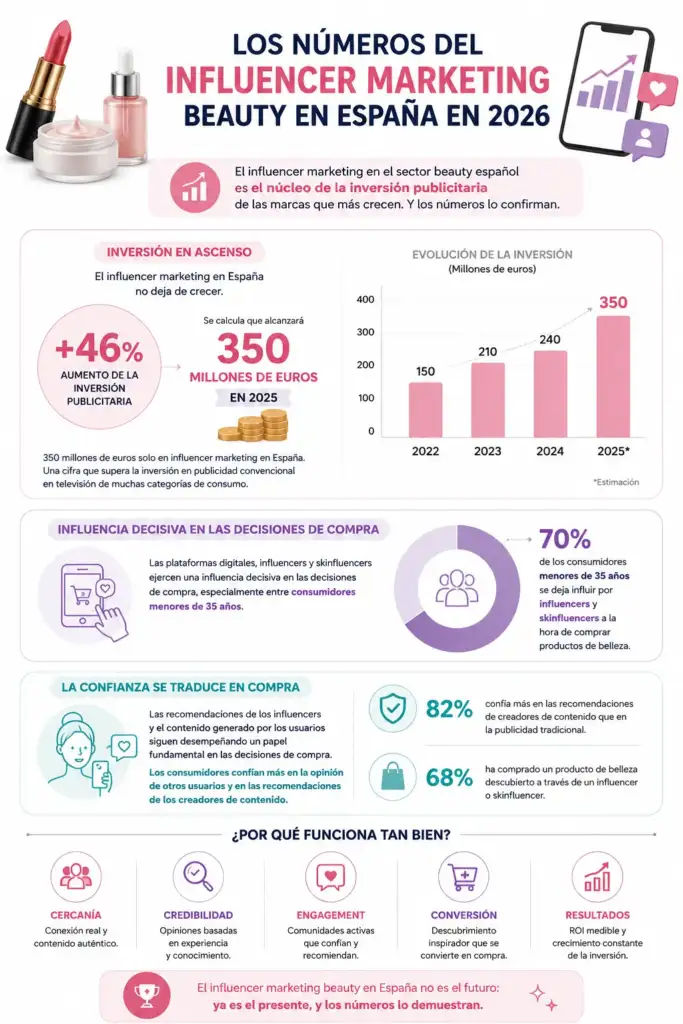 Los números del influencer marketing beauty en España en 2026 Infografía sobre la evolución del influencer marketing beauty en España en 2026, inversión publicitaria, influencia de los creadores de contenido y decisiones de compra en belleza.