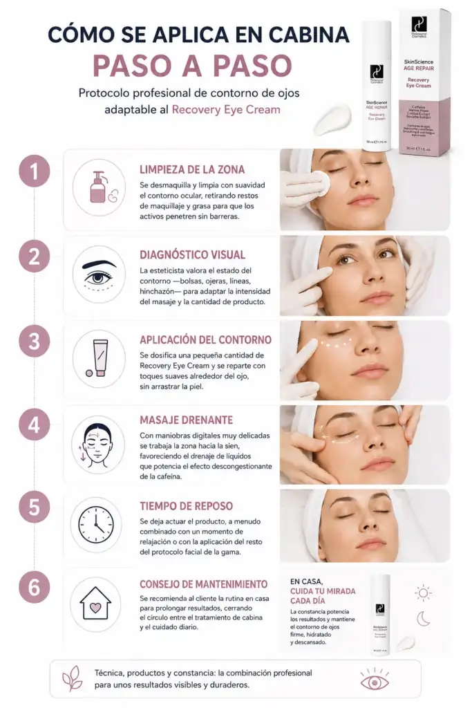 Cómo aplicar Recovery Eye Cream en cabina paso a paso Infografía con el protocolo profesional de aplicación en cabina del contorno de ojos SkinScience Age Repair Recovery Eye Cream, desde la limpieza hasta el mantenimiento en casa.