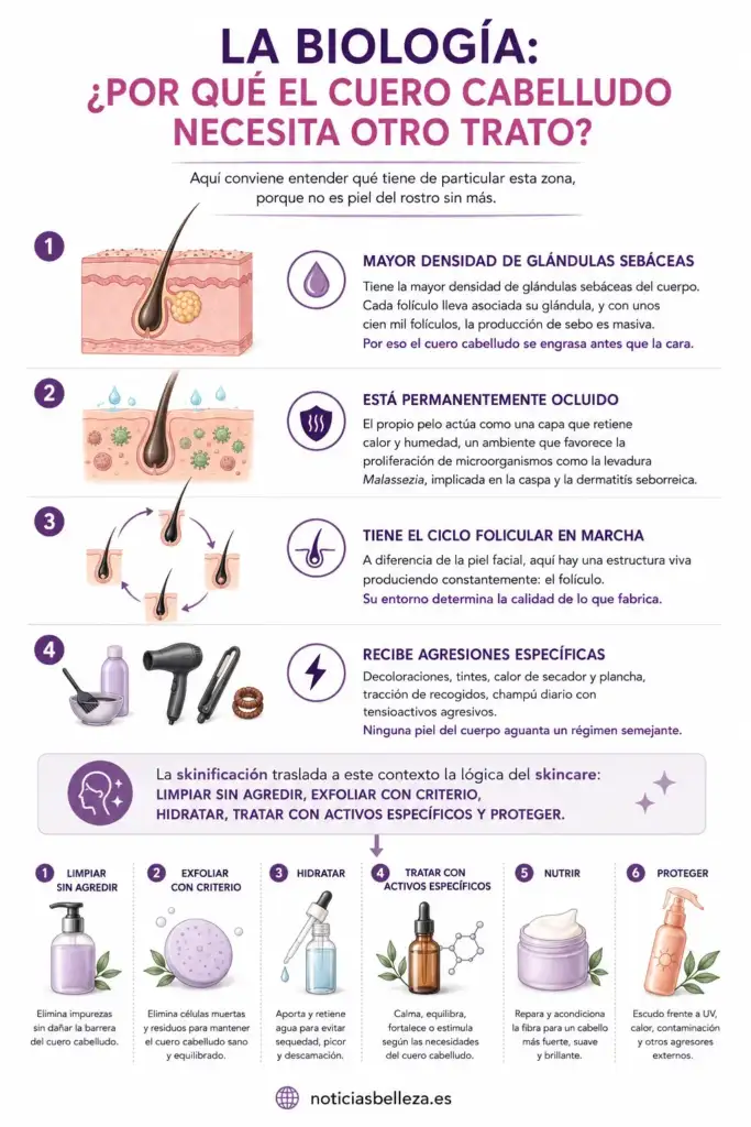 Infografía que explica por qué el cuero cabelludo necesita cuidados específicos, destacando la alta densidad de glándulas sebáceas, el ciclo folicular, la oclusión por el cabello, las agresiones externas y los pasos de la skinificación capilar.