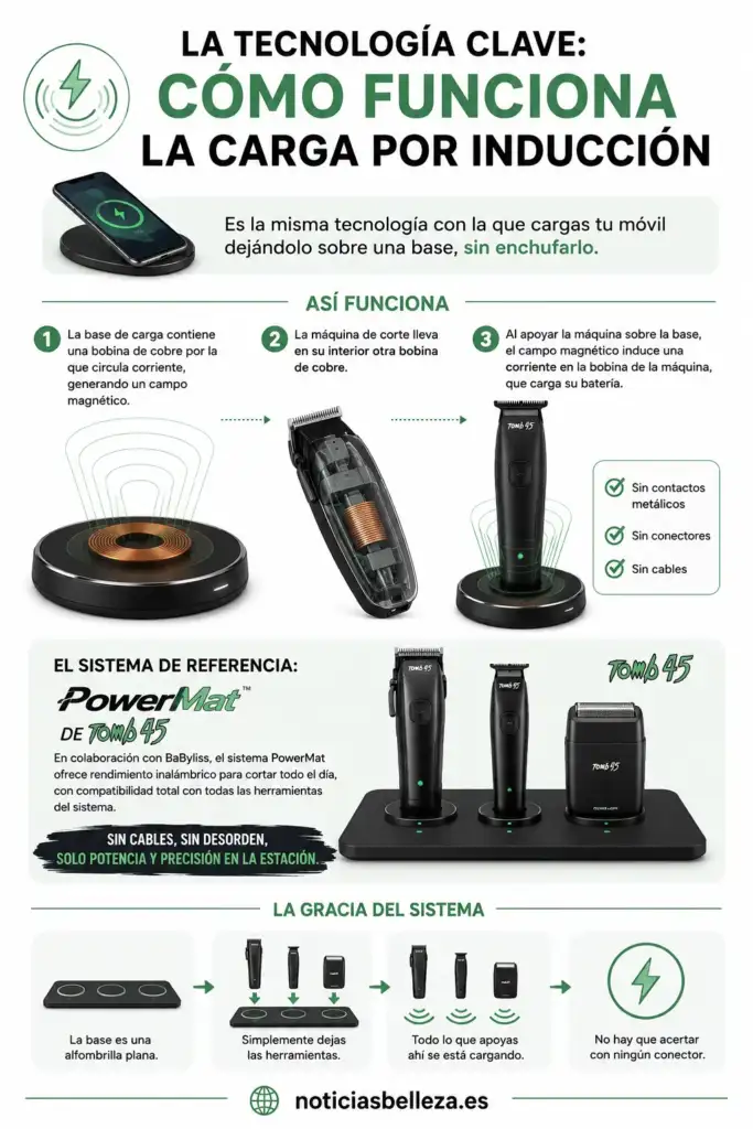 Cómo funciona la carga por inducción en las herramientas de barbería Infografía sobre el funcionamiento de la carga por inducción en máquinas de barbería inalámbricas y estaciones de carga profesionales.