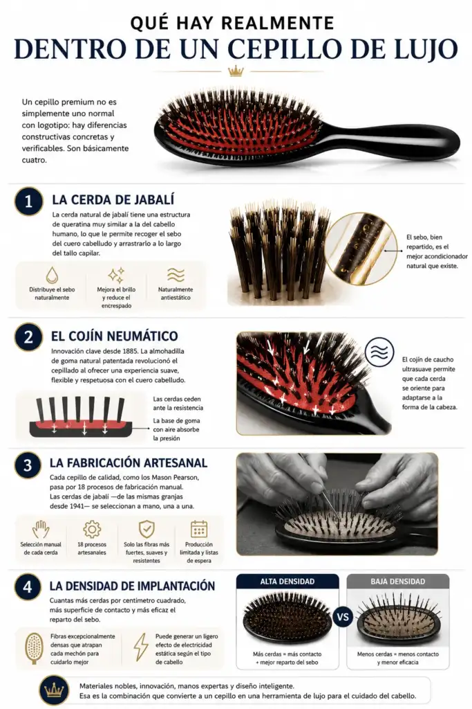 Infografía que explica los cuatro elementos que diferencian un cepillo de lujo: cerdas de jabalí, cojín neumático, fabricación artesanal y alta densidad de implantación.