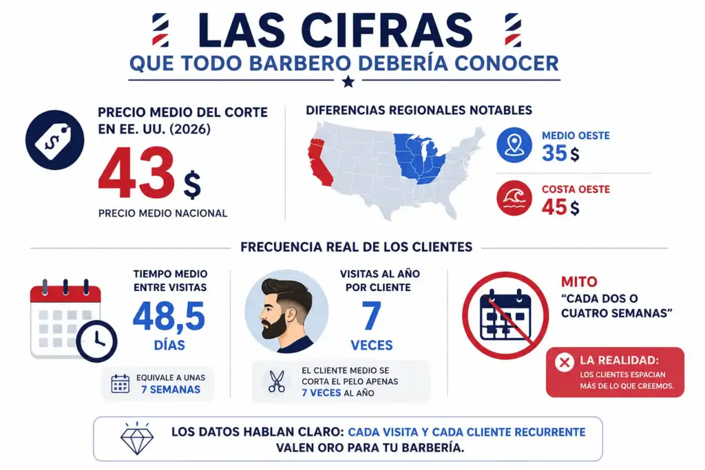 Las cifras que todo barbero debería conocer en 2026 Infografía con estadísticas del sector de la barbería en 2026 sobre precio medio del corte, frecuencia de visitas de los clientes y diferencias regionales del mercado.