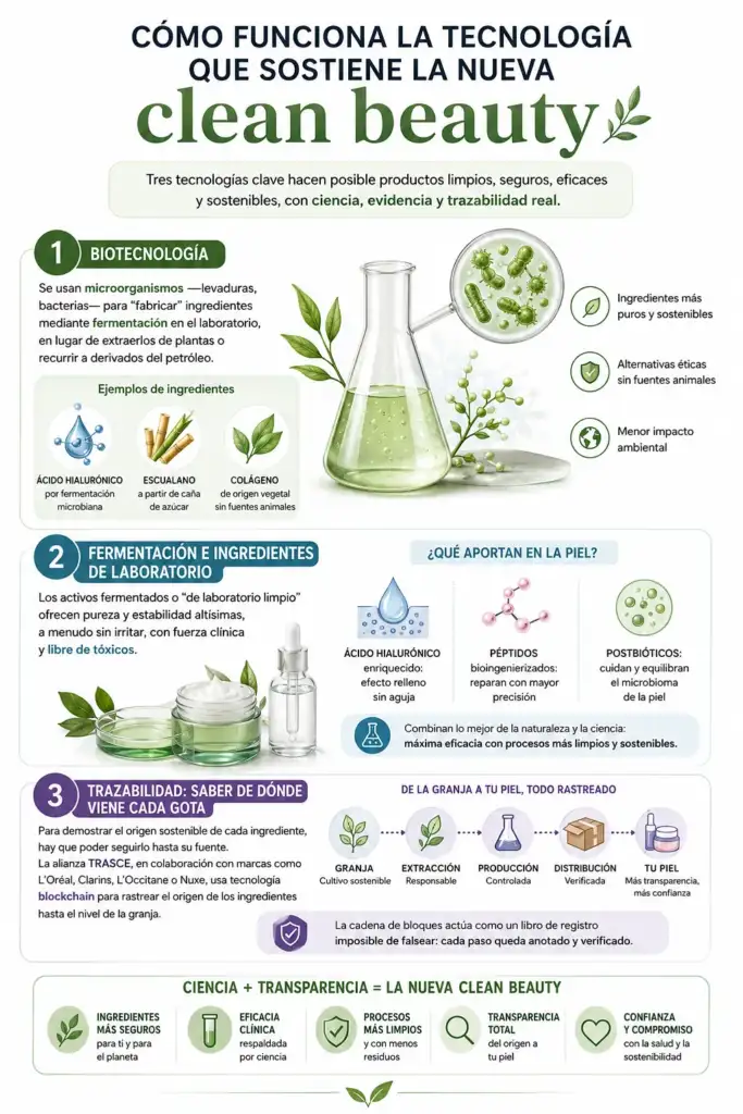 Cómo funciona la tecnología que impulsa la nueva clean beauty Infografía que explica las tecnologías detrás de la nueva clean beauty: biotecnología, fermentación de ingredientes y trazabilidad mediante blockchain para garantizar productos cosméticos seguros y sostenibles.