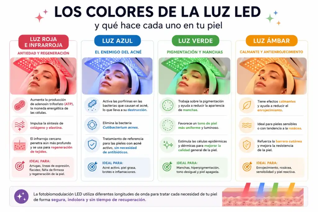 Infografía colores de la luz LED en fotobiomodulación y sus beneficios para la piel Infografía que explica los beneficios de la luz LED roja, infrarroja, azul, verde y ámbar en tratamientos de fotobiomodulación para regeneración, acné, manchas y piel sensible.