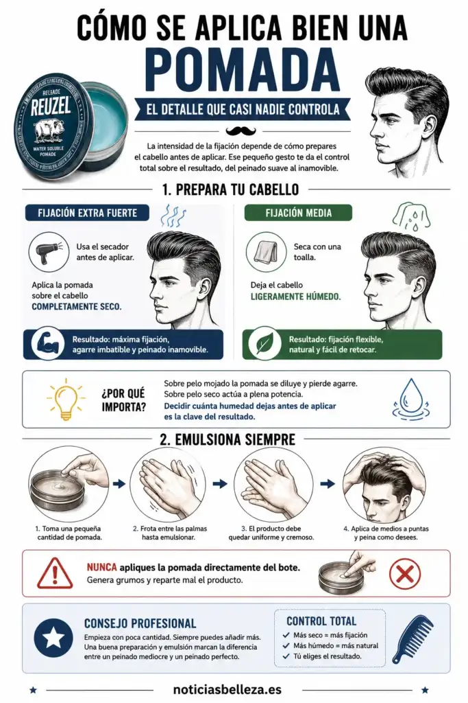 Infografía que explica paso a paso cómo aplicar correctamente una pomada para el cabello para conseguir distintos niveles de fijación según la humedad del pelo.